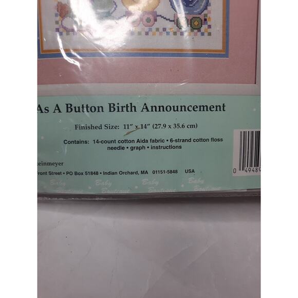 Janlynn Counted Cross Stitch Kit Cute As A Button Birth Announcement 11x14 - Picture 4 of 5